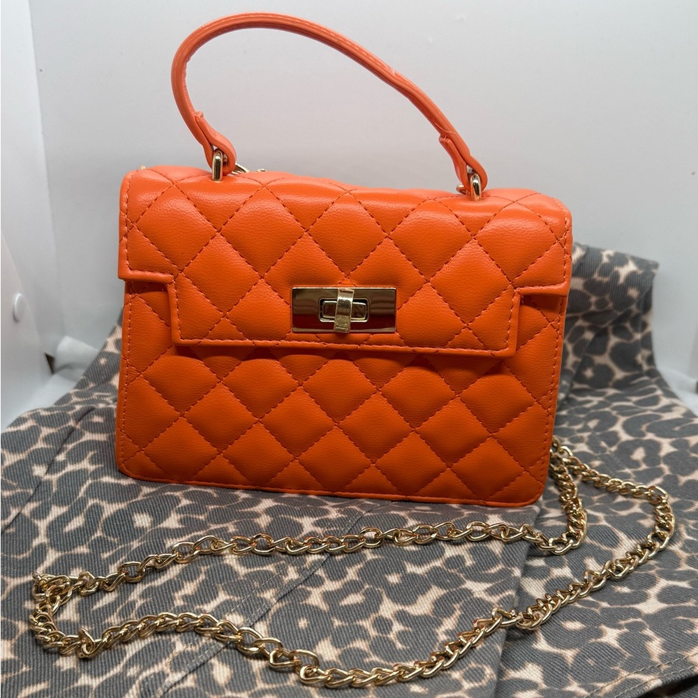Orange Quilted Handbag With Removable Gold Chain Strap